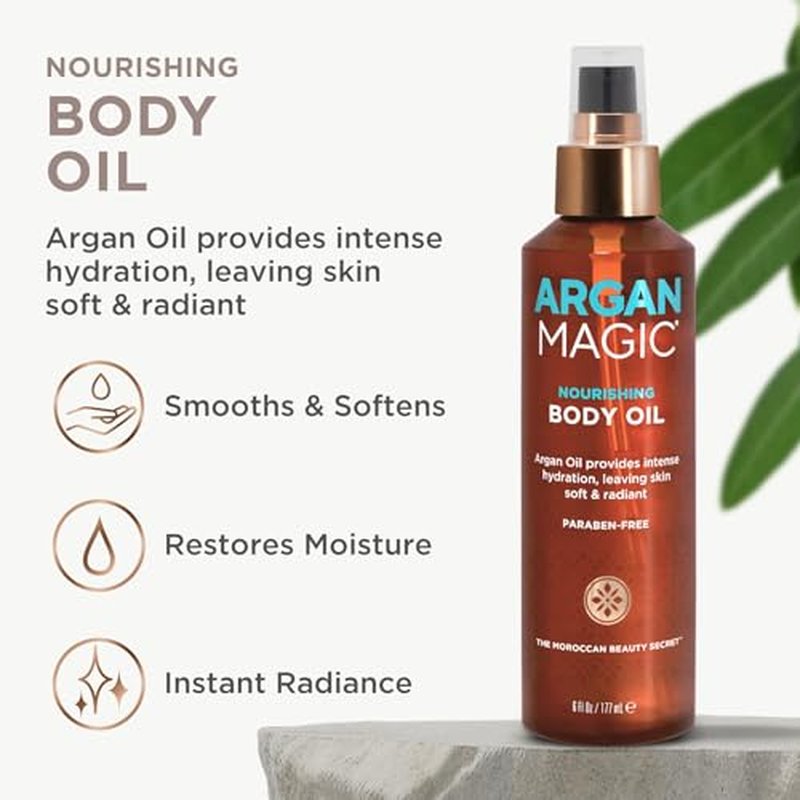 Argan Magic Nourishing Body Oil with Argan & Almond Oil | Intense Hydration, Softens & Radiates | Made in USA, Paraben Free, Cruelty Free (6 FL Oz)
