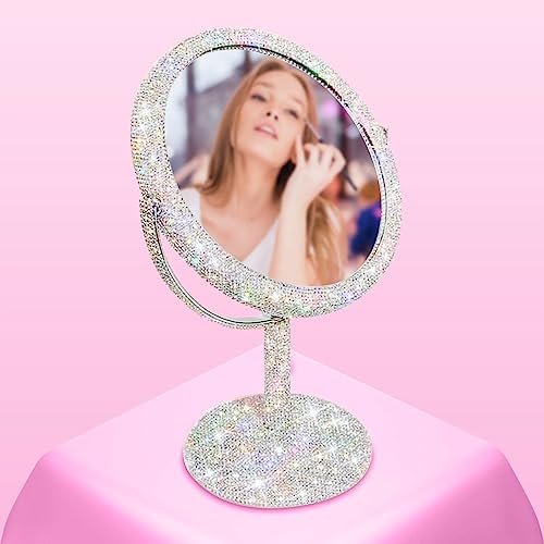Bling Vanity Mirror with 2X Magnification - Crystal Rhinestone Double-Sided Makeup Mirror - TISHAA Variation of 2X Lens Version