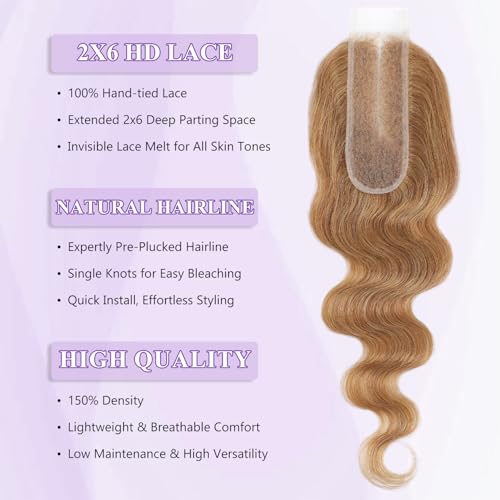 Honey Blonde 2x6 Lace Closure Body Wave Human Hair - 180% Density, Variation: 12''