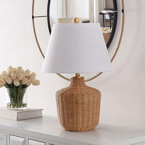 Modern Rattan and Brass Table Lamp - 22 Inch Bedside Light with Fabric Shade