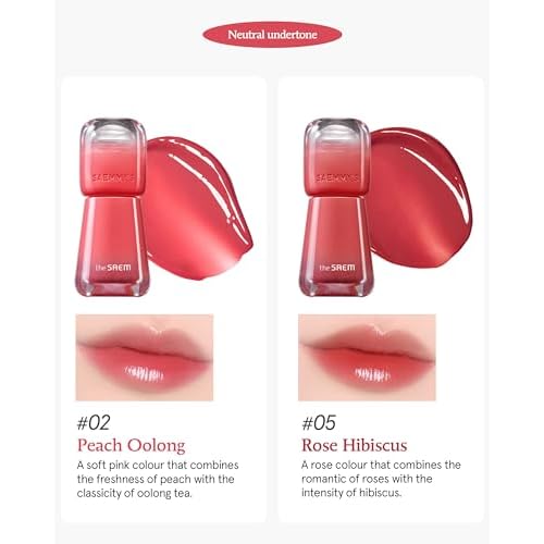 THESAEM Saemmy's Ade Shot Tint 2-Pack Set 0.2 fl.oz. - 02 Peach Oolong & 05 Rose Hibiscus - Korean Lip Tint Bundle Water Gel Stain - Plump Glowy Finish Buildable Radiant Gloss Duo