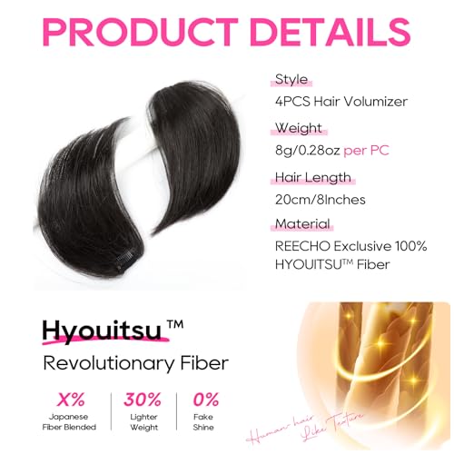 REECHO Clip-in Hair Volumizer 8 Inch Black Brown (Pack of 4) - Short Thick Extensions for Thin Hair