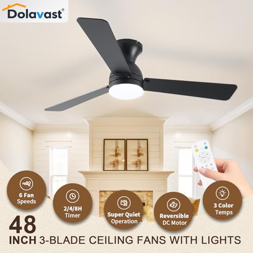 48-Inch Black Reversible Ceiling Fan with Lights & Remote Control - Low Profile Flush Mount, Dimmable LED, Quiet Operation