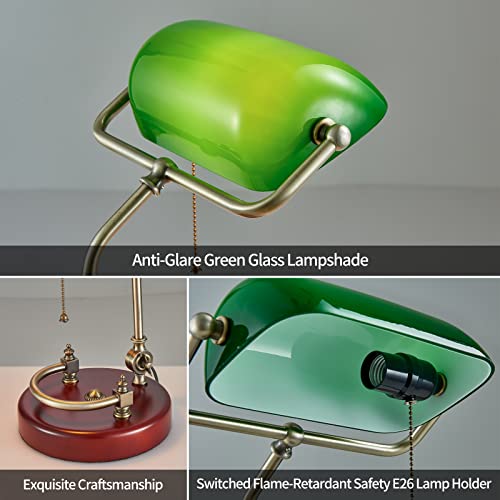 Green Banker Desk Lamp with Solid Birch Wood Base and Pull Chain Switch - Traditional Glass