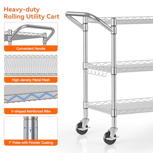 Heavy Duty 3-Tier Rolling Utility Cart with Lockable Wheels, NSF Metal Kitchen & Storage Cart, 990 lbs Capacity