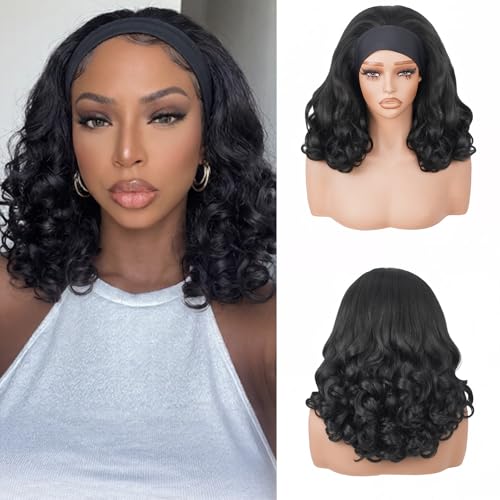 Yaki Curly Headband Wig for Black Women - 16 Inch, Black-5, 180% Density, Glueless, Curly Ends