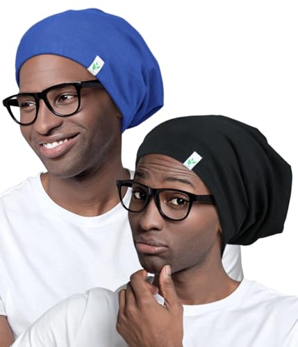 Men's Satin Sleep Cap 2-Pack - Medium Black & Royal Blue Curly Hair Bonnets