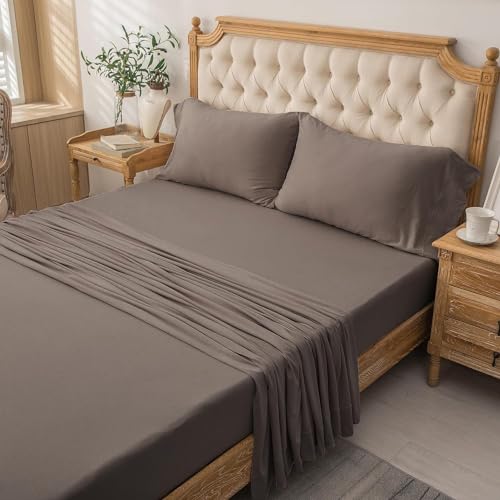 PURE ERA King Jersey Knit Sheet Set Solid Brown - Soft Cotton Bedding