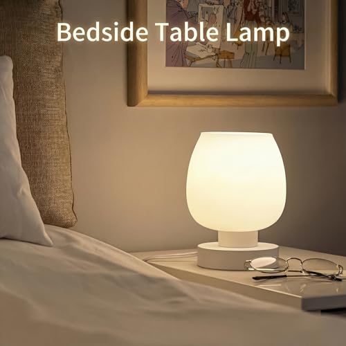 ONEWISH Set of 2 Modern Touch Bedside Table Lamps, White Opal Glass Shade, 3-Way Dimmable Nightstand Lamps, Non-USB