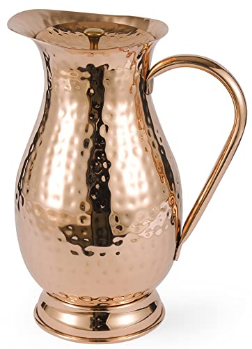 Large Pure Copper Water Pitcher with Lid - Handcrafted Hammered Jug, 70 Oz/2000ml for Home & Gifting