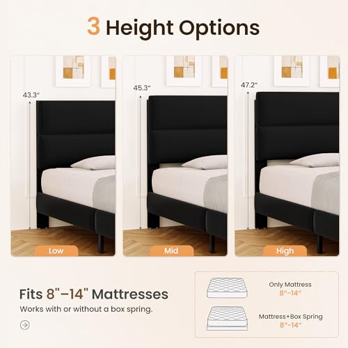 Twin Size Upholstered Platform Bed Frame with Velvet Headboard, Adjustable Height, Black