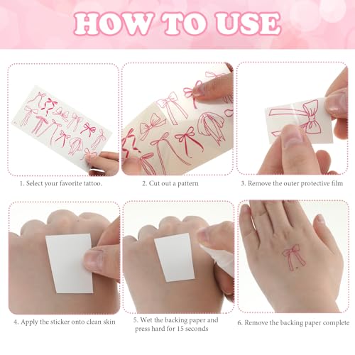 Blulu 120 Pcs Bow Temporary Tattoos Sticker Birthday Party Decoration Cute Core Bow Pre-cut Tattoos Sticker Gift Accessories for Women Bachelorette Wedding Music Festival Classroom School