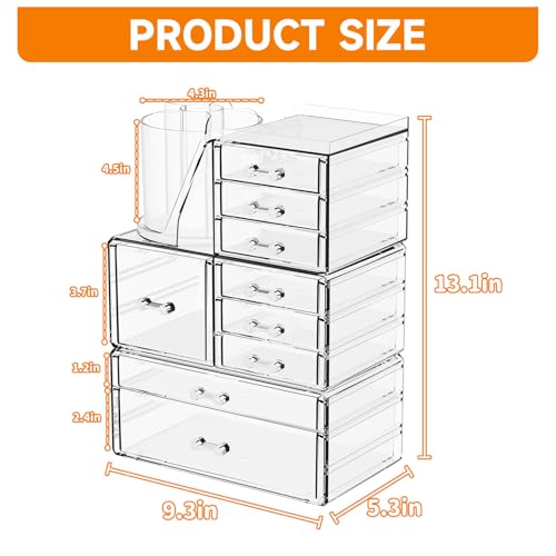 SuoXing 3 Pack Clear Acrylic Makeup Organizer for Vanity With 9 Drawer, Skincare Organizers Countertop With Make up Brush Holder,Bathroom Make up Drawer Storage for Beauty,Hair Accessories Organizer | Cute, with Brush Holder, Lipstick
