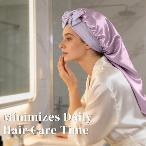 Purple Mulberry Silk Sleep Bonnet for Women - Long Hair Protection