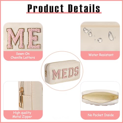 Travel Makeup Bag with Chenille Letter Patch - Beige MEDS-RX, Compact & Waterproof