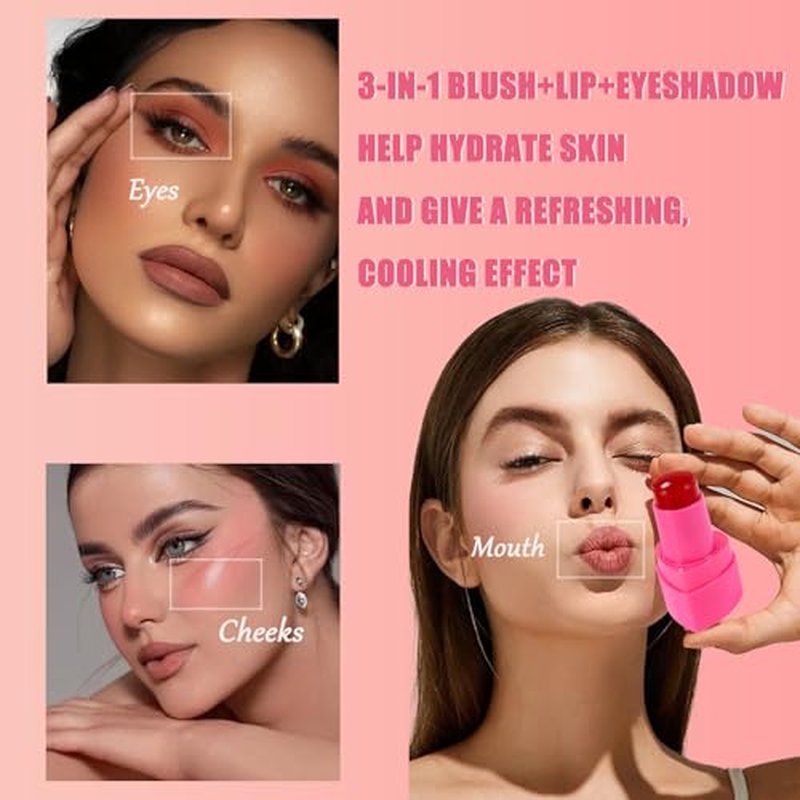 3-In-1 Multi-Use Blush Cream Blush Stick for Eyes, Cheeks & Lips, Hydrating & Bouncy Jelly Texture, Blends Perfect, Long Lasting Waterproof (03, s)
