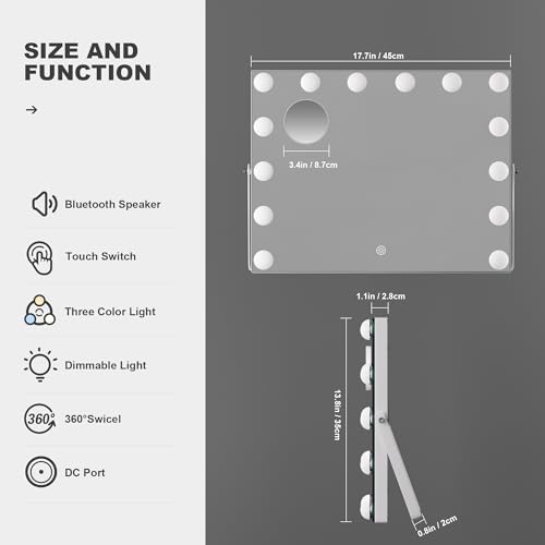 Hasipu Vanity Mirror with Lights and Bluetooth Speaker, 17.7" x 13.8" Hollywood Mirror, Makeup Mirror with 14 Dimmable Bulbs and 10X Magnification, 3 Colors Modes, 360¡Æ Rotation, White