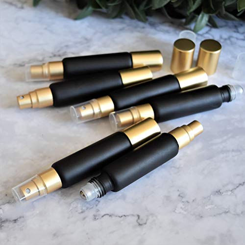 6-Pack Black Glass Bottles with Dual Ends ? Sprayer & Roller Tops ? Leakproof, Premium Essential Oil & Perfume Bottles with Elegant Gold Accents ? Refillable Custom Blend Containers