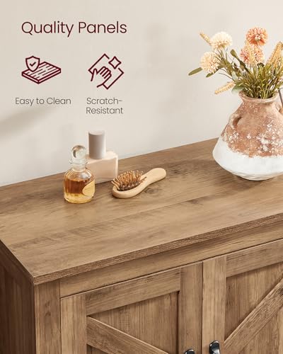 VASAGLE Farmhouse Storage Cabinet with 4 Barn Doors, Adjustable Shelves, Honey Brown, 11.8 x 23.6 x 43.3 inches