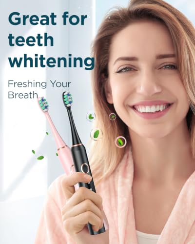 Electric Toothbrush Set with 12 Replacement Heads & Travel Case – Black+Pink