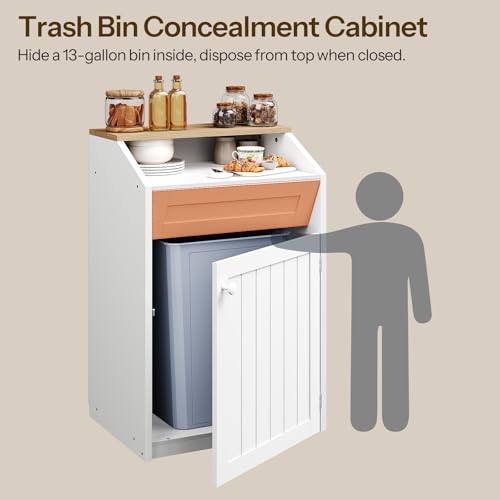 YATINEY White 13 Gallon Freestanding Trash Cabinet with Flip Door - Hidden Kitchen Waste Cabinet
