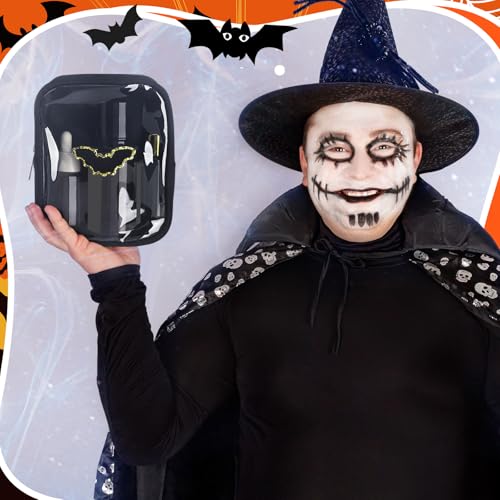 Sunnymove Organer Halloween Makeup Bag with Pumpkin Ghost Bat Chenille Patches, 9 Pack, Cute & Transparent