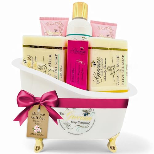 The Grecian Soap Company Deluxe Bathtub Gift Set ? 6pcs Goat Milk & Olive Oil Skin Care Set, Spa Gifts, Bridal Shower Gifts Gifts for Mom, Birthday Gifts, Plumeria Scent, Handmade in the USA