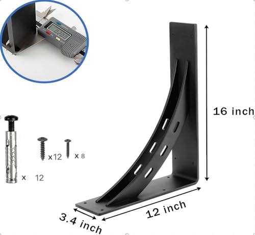 Heavy Duty Shelf Brackets 16x12 Inches - Supports 1100 Lbs - Alloy Metal, Matte Black, Set of 2