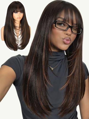Highlight Brown Long Straight Layered Wig with Bangs - Synthetic Hair, Heat-Resistant, Natural Look