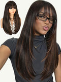 Highlight Brown Long Straight Layered Wig with Bangs - Synthetic Hair, Heat-Resistant, Natural Look