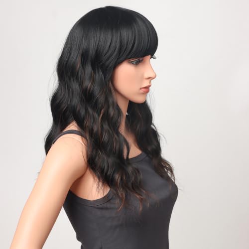 18 Inch Wavy Synthetic Wig with Bangs - Black with Brown Highlights, Heat Resistant, Natural Look, Comfortable Fit