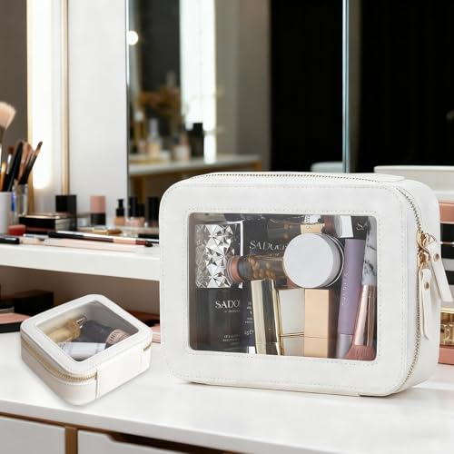 Clear Makeup Bag Organizer Set,Portable Travel Toiletry Case for Women, Vegan Leather Cosmetic Pouch Car Bag for Essentials 2pcs,Middle & Large,Beige