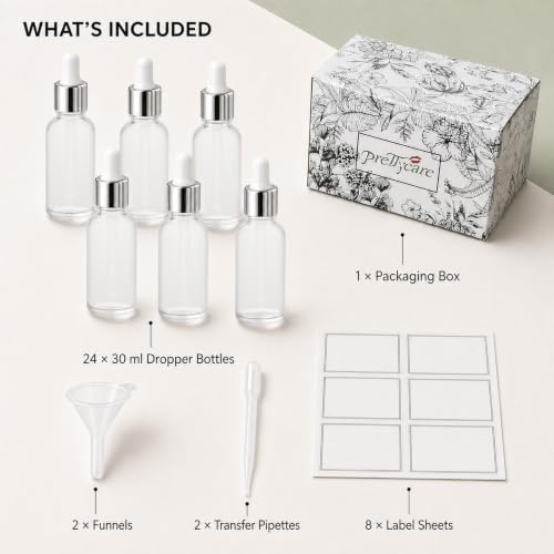 PrettyCare 1oz Frosted Glass Eye Dropper Bottles 24 Pack with Leakproof Silver Caps & Labels