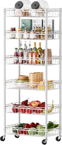 6-Tier Adjustable Wire Shelving Rack with Wheels and Baskets - White, 17x12x63 inches