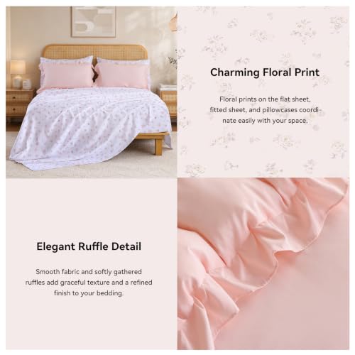Pink Ruffle Queen Comforter Set with Floral Sheets - 7 Pieces, Blush Pink R