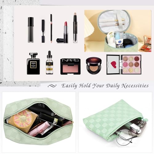 Waterproof Leather Makeup Bags Set of 4 - Green Variation - Travel Organizer for Cosmetics & Toiletries