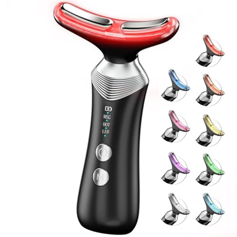 9-in-1 Red-Light-Therapy-for-Face-and-Neck, Portable Facial Massager Tool with Adjustable Vibration & Thermals for Wrinkles, Double Chin, Black