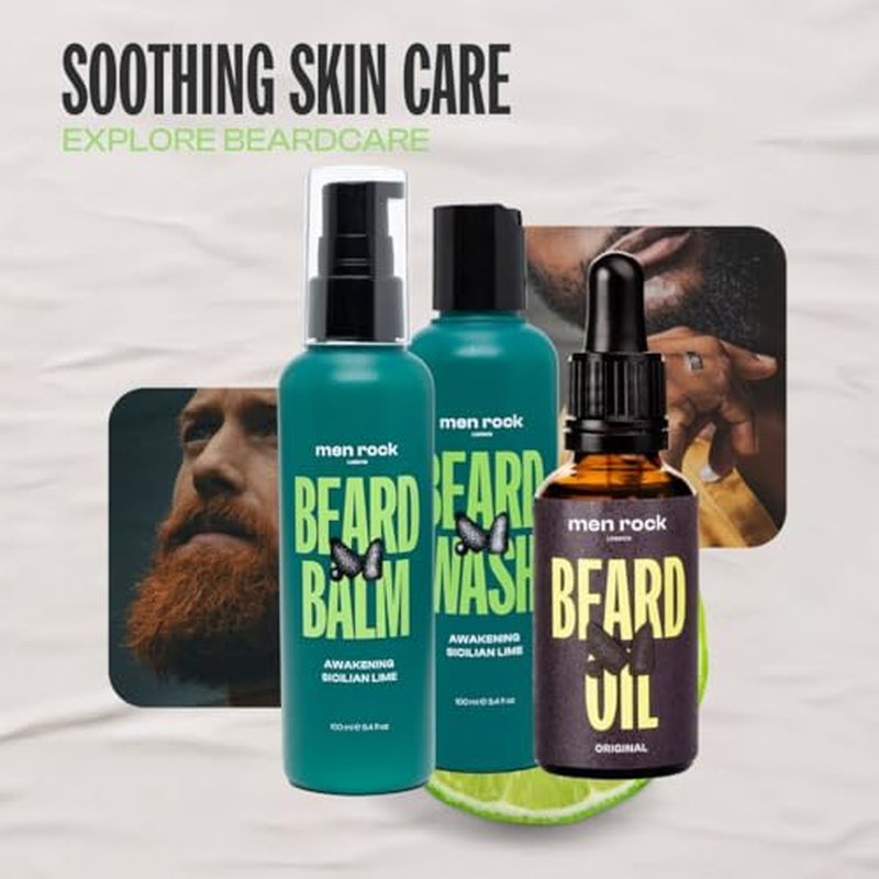Men Rock Beardy Beloved Awakening Essential Beard Kit - Sicilian Lime - Beard Oil, Balm, and Wash - Mens Face Care - Skincare Products for Men - 3 Pc