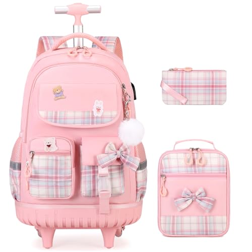 Pink Kids Rolling Backpack with Lunch Bag & Pencil Pouch - 3-in-1 School Bag
