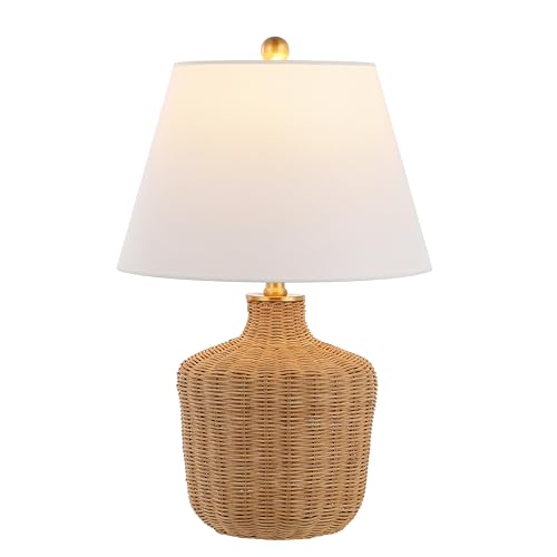 Modern Rattan and Brass Table Lamp - 22 Inch Bedside Light with Fabric Shade