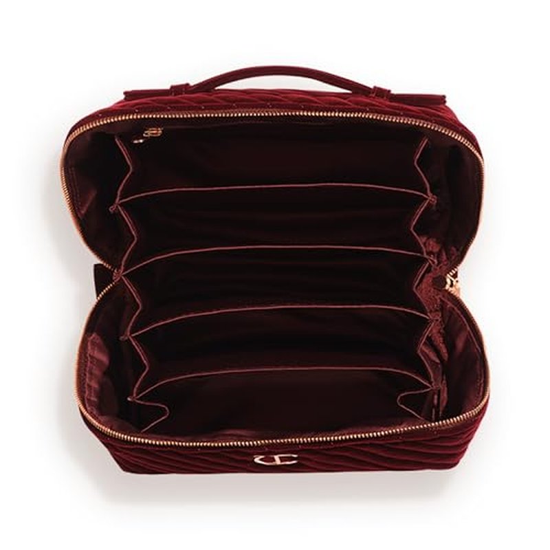 Charlotte Tilbury Travel Makeup Bag of My Dreams - Quilted Velvet Skincare, Fragrance & Cosmetic Organizer with 5 Compartments, Zip Pocket & Top Handle - Iconic Night Crimson Toiletry Bag