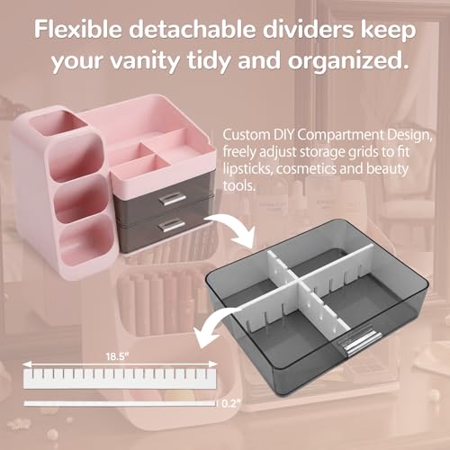 Large Pink Makeup Organizer with 2 Drawers & Brush Holder for Vanity & Bathroom