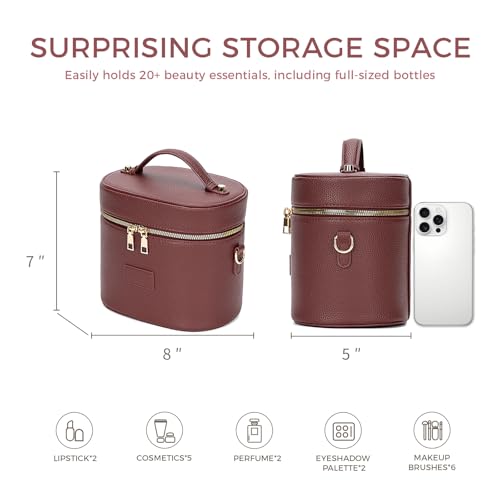 BAGOK Burgundy Leather Travel Makeup Organizer Bag with Removable Divider