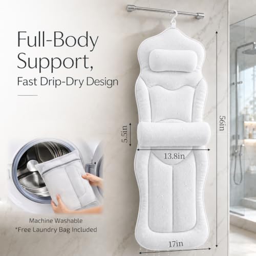 White Extra Long Bathtub Pillow with Adjustable Lumbar Support - Fast Dry Spa Accessory
