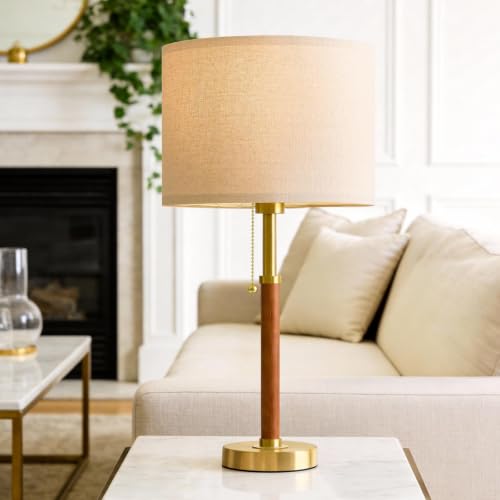 Mid Century Modern Wood & Gold Table Lamp - 22 Inch Nightstand Lamp for Bedroom & Living Room