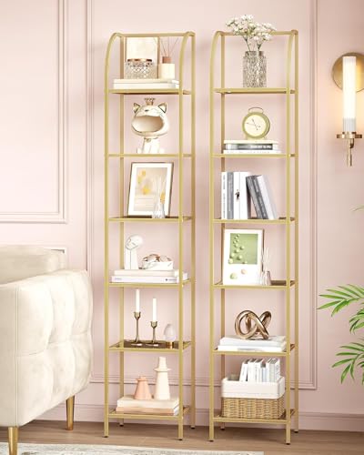 Gold 6-Tier Glass & Steel Arched Bookcase - Space-Saving Shelving Unit - 11.8 x 13.8 x 70.3 Inches