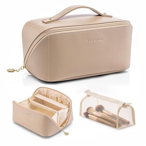 VLANDO Toffee Travel Makeup Bag with 180° Opening Women Toiletry Case