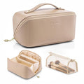 VLANDO Toffee Travel Makeup Bag with 180° Opening Women Toiletry Case