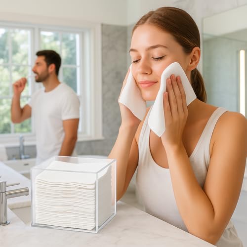 Disposable Face Towel Holder with 50 Count Clear Acrylic Storage Box - Compatible with XL Face Towels and Makeup Organizer