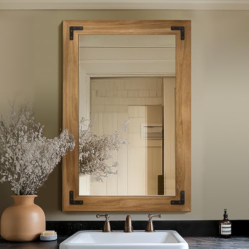 TRAHOME Rustic Brown Wood Framed Bathroom Vanity Mirror 24x36 with Black Metal Mount